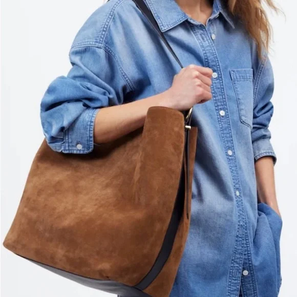 Madewell Extra-Large Essentials Aged Cognac Suede Black Leather Bucket Tote - Picture 1 of 16